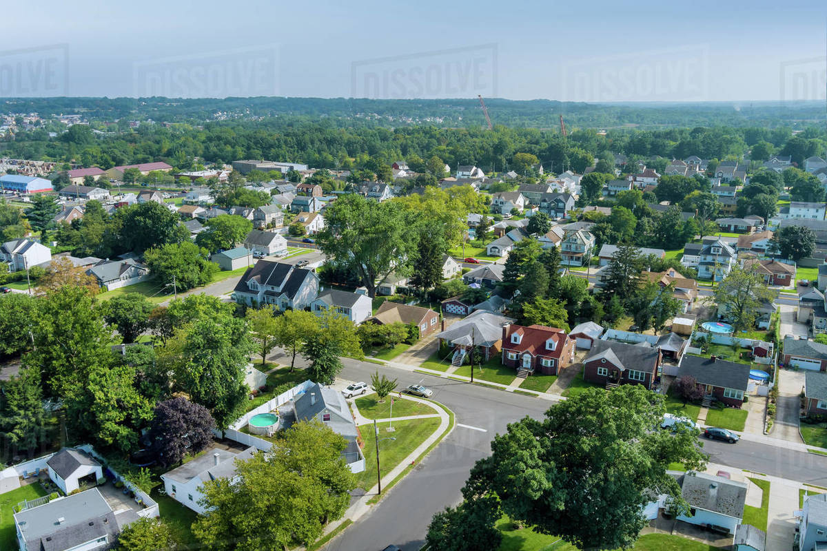 Aerial view modern residential district in American town, residential