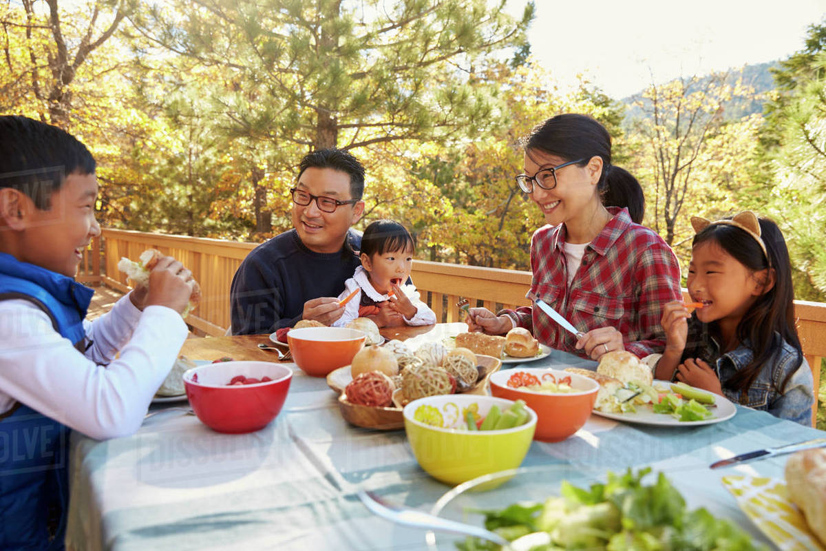 Asian family eating outside at a table on a deck in a forest Stock