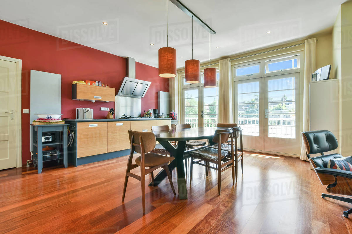 Interior design of bright and beautiful dining zone in house - Royalty ...