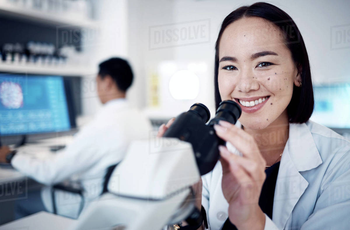 Laboratory scientist, face or microscope in medical research ...