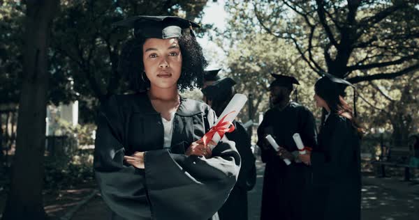 Diploma, arms crossed and face of woman at graduation in university ...