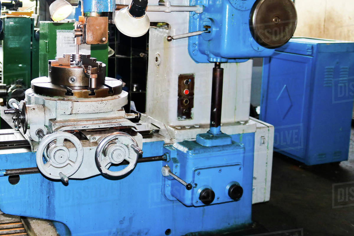 Industrial iron lathe for cutting, turning of billets from metals, wood
