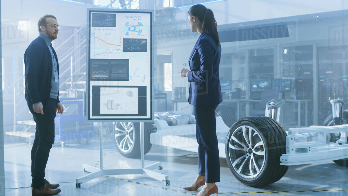Male and Female Design Engineers are Working and Discuss Electric Car