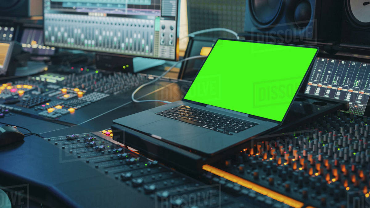 Modern Music Record Studio Control Desk with Green Screen Chroma Key