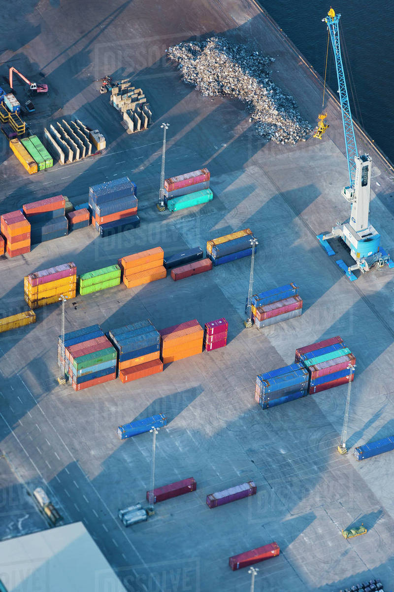 Aerial view of shipping yard Stock Photo Dissolve