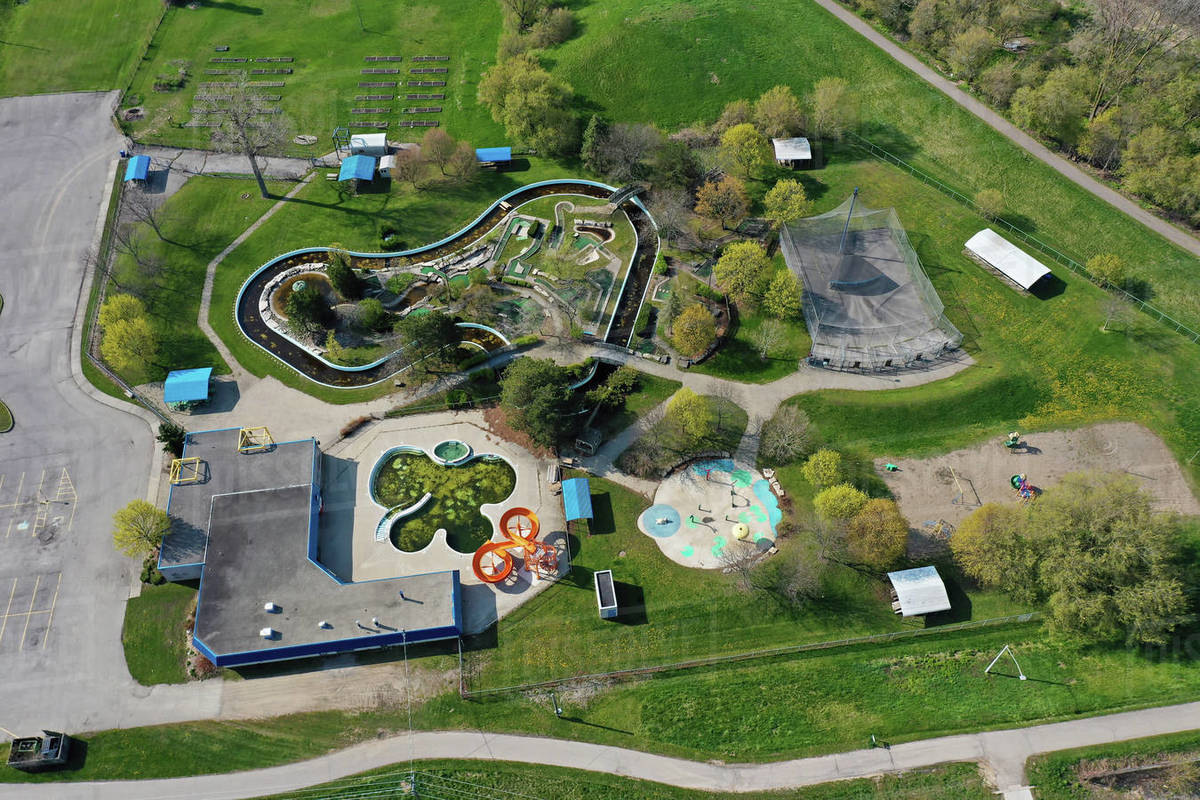 An aerial of waterpark in Brantford, Ontario, Canada Stock Photo Dissolve