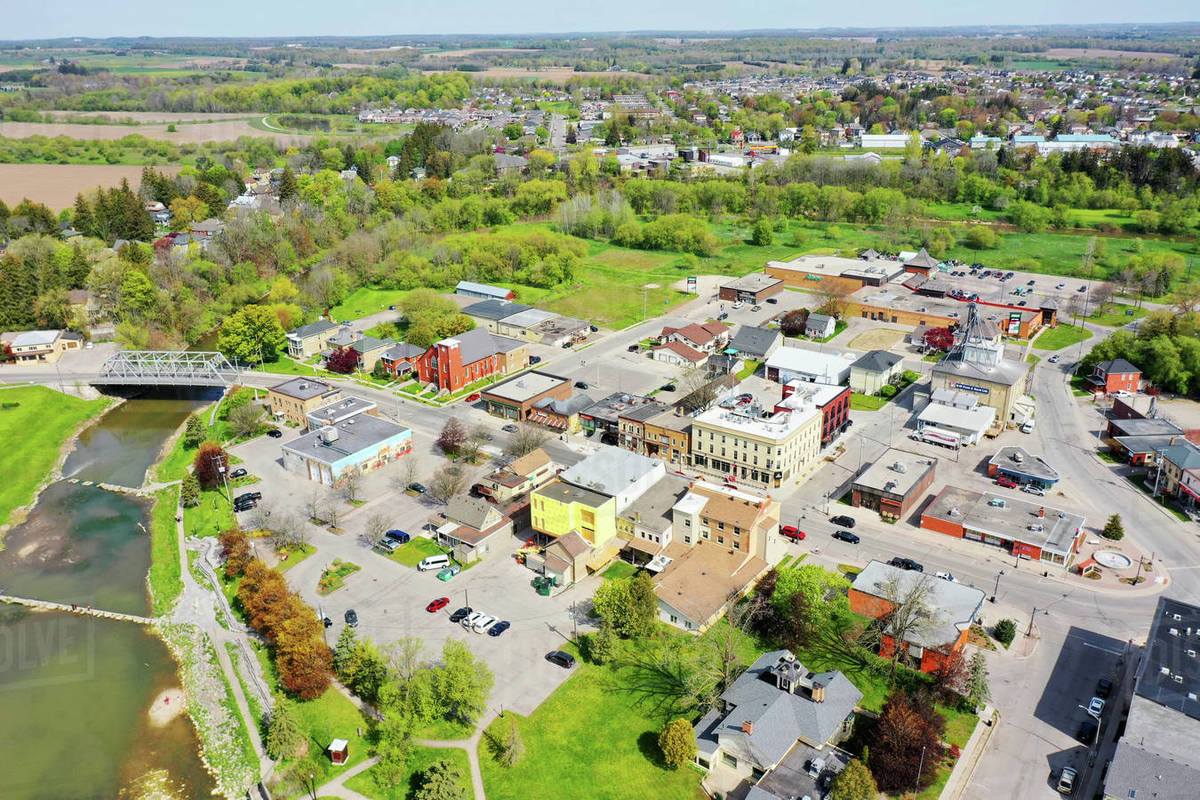 An aerial scene of downtown New Hamburg, Ontario, Canada, editorial
