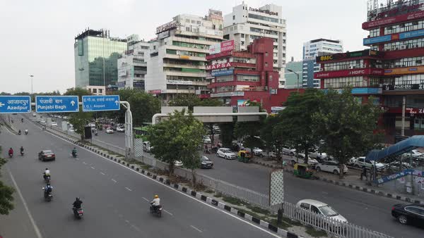 Delhi, India - 29th August 2019: Top view of busy road intersection ...