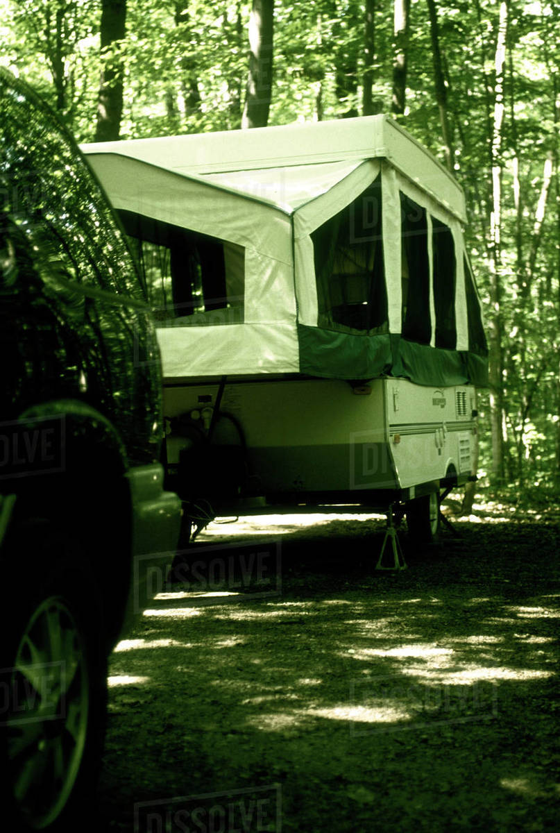 Tent Trailer In Woods, Kejimkujik National Park, Nova Scotia Stock