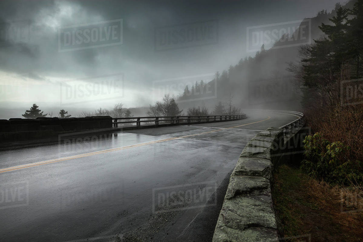 Rain On A Wet Bridge Of North Carolina's Linn Cove Viaduct On The Blue Ridge Parkway With Moody