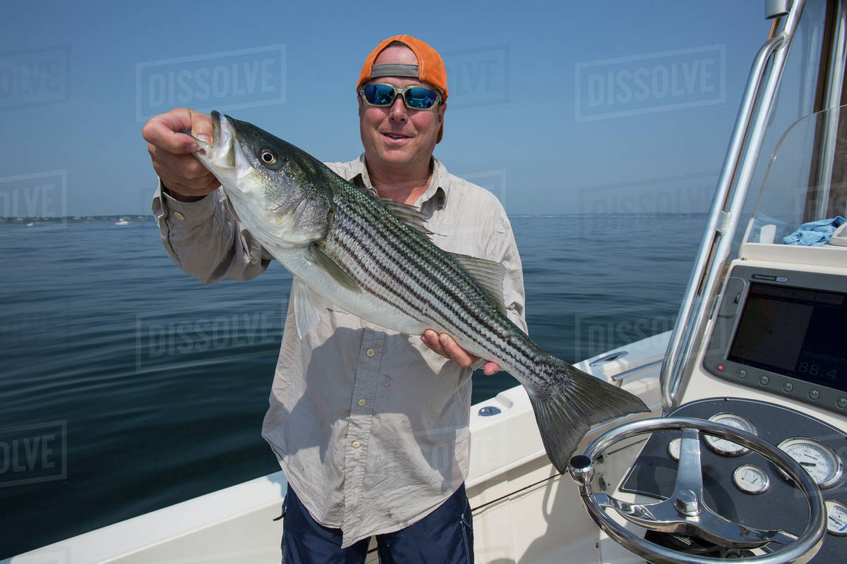Fisherman holding striper fish in the Boston harbour; Boston