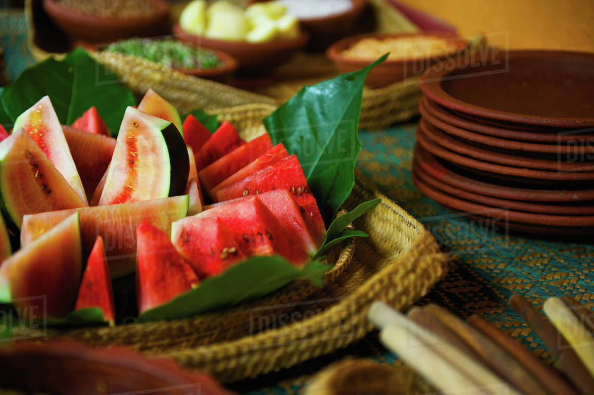 Slices of watermelon on a plate; Ulpotha, Embogama, Sri Lanka Stock