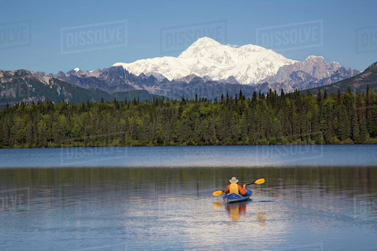 Man Paddling A Klepper Kayak On Byers Lake At Denali State Park. Mt