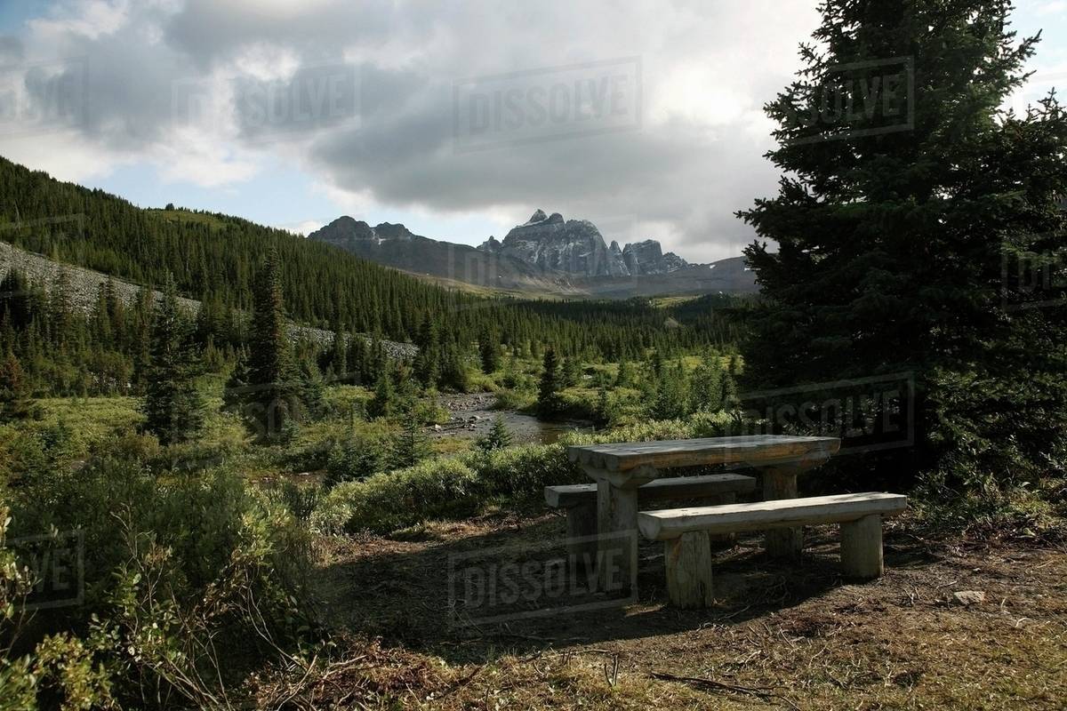 Jasper National Park, Alberta, Canada; Picnic Table With A Hillside