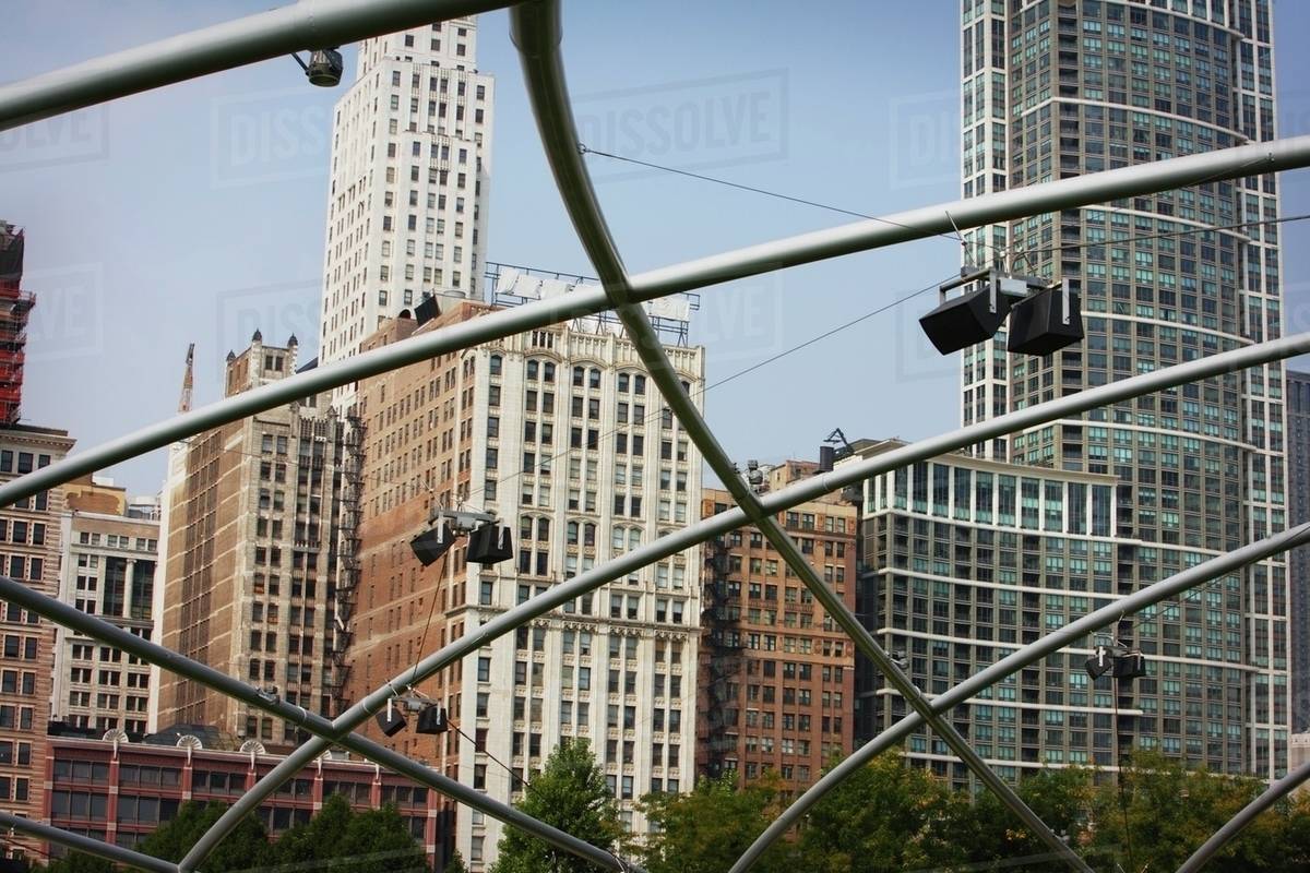 Chicago Cityscape Looking Through Jay Pritzker Pavilion Trellis