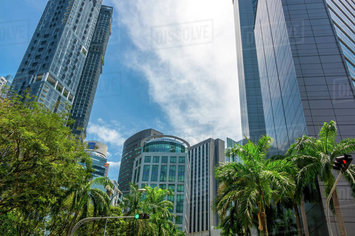 Business center of Singapore on a sunny day. Blue sky and skyscrapers