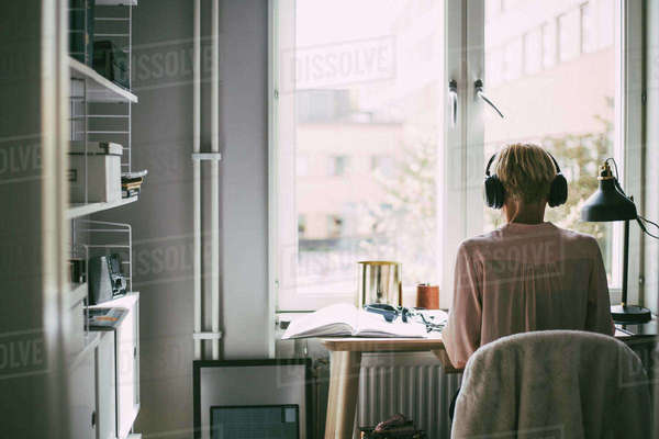 Rear view of woman in office at home sitting at desk - Stock Photo ...