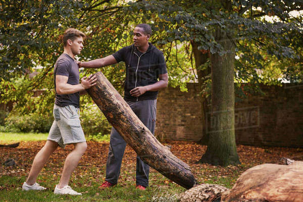 Young man with personal trainer lifting tree trunk in park - Stock ...