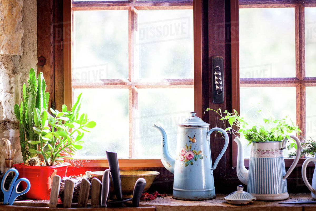 Rustic Coffee Pots And Pot Plants On Kitchen Windowsill Stock Rustic Coffee Pots And Pot Plants On Kitchen Windowsill