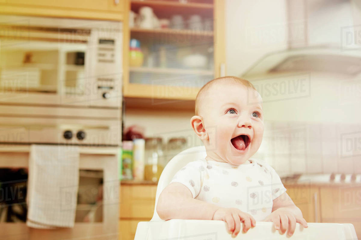 Baby boy sitting in high chair, laughing Stock Photo Dissolve