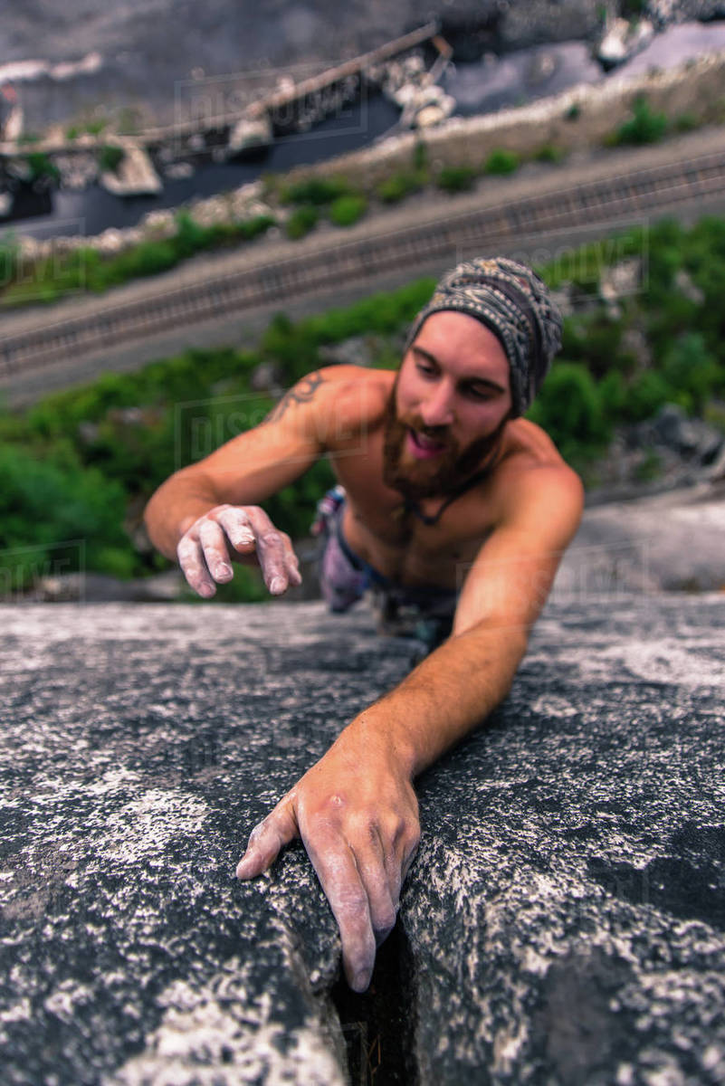 Man climbing Malamute, Squamish, Canada, high angle view Royalty-free stock photo