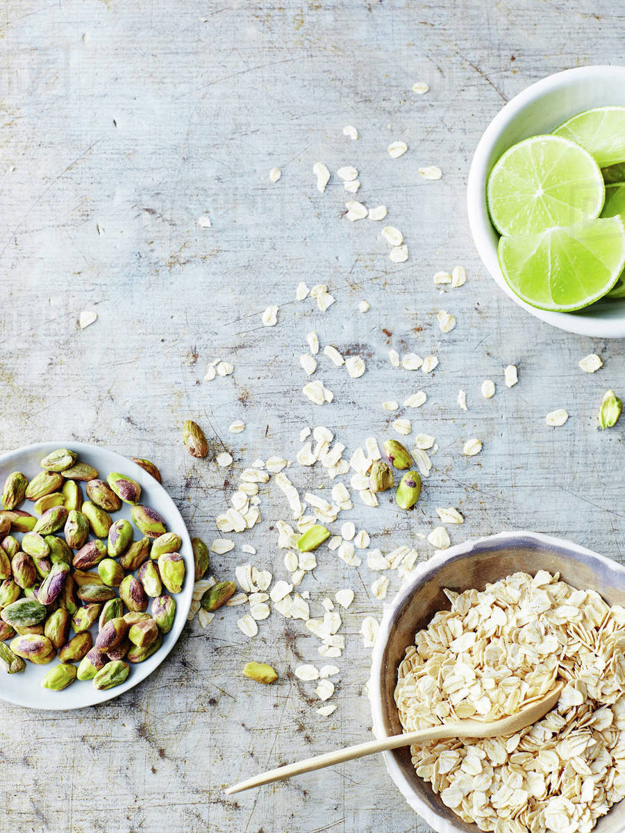 Pistachios, oats, lime Stock Photo Dissolve