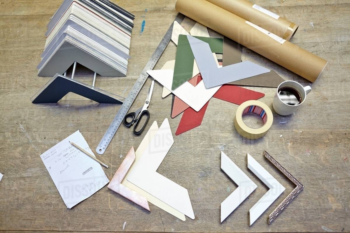 Still life of framing equipment in picture framers Stock