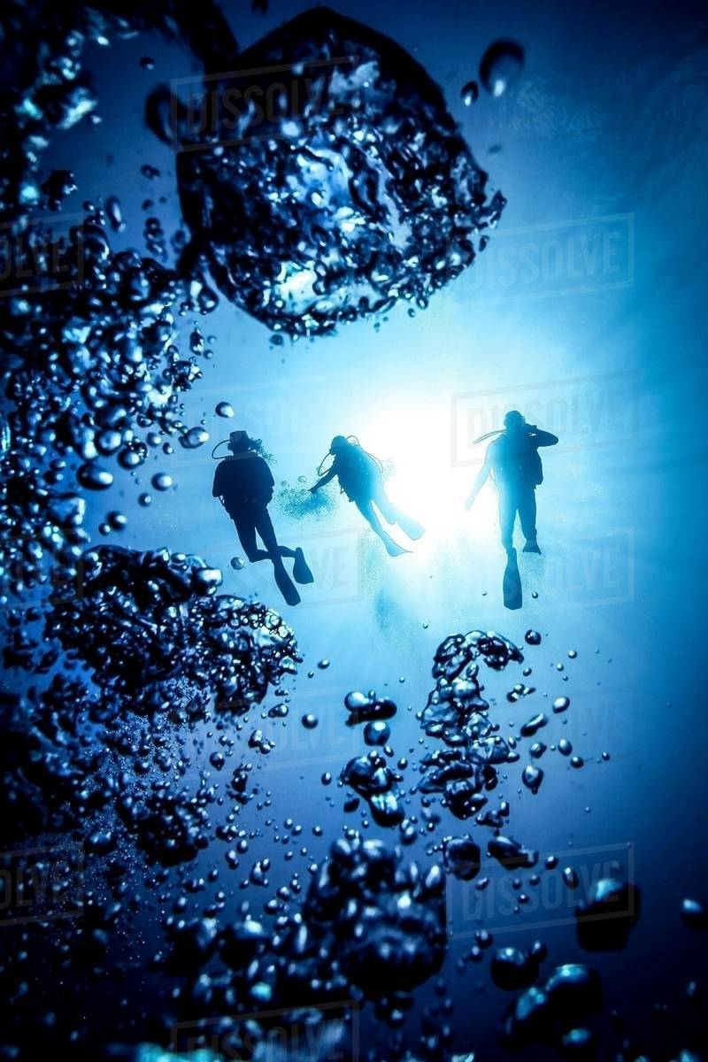 underwater silhouette of three scuba divers and bubbles bali