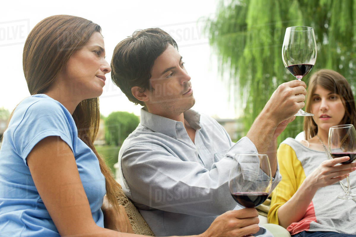 Man explaining wine complexity to friends Stock Photo Dissolve