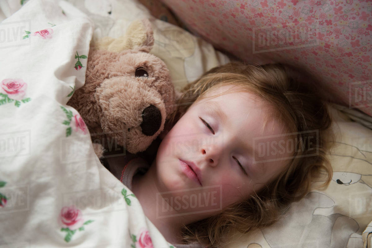 Little girl sleeping with teddy bear Stock Photo Dissolve
