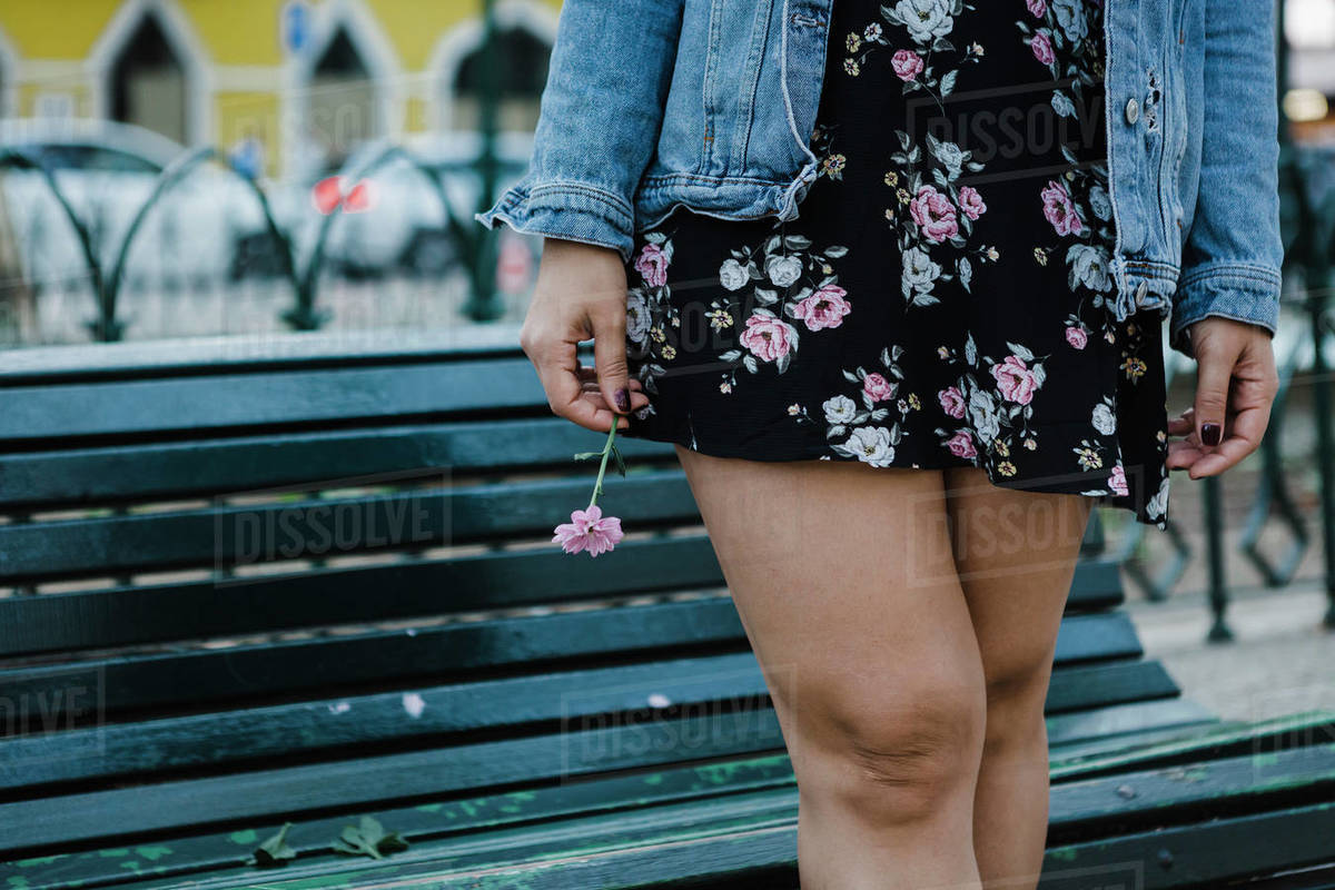 Cropped image woman in floral dress holding flower at park bench Royalty-free stock photo