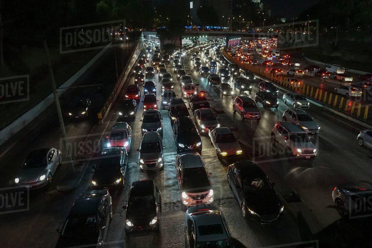 Rush hour traffic on freeway at night, Mexico City, Mexico Royalty-free stock photo