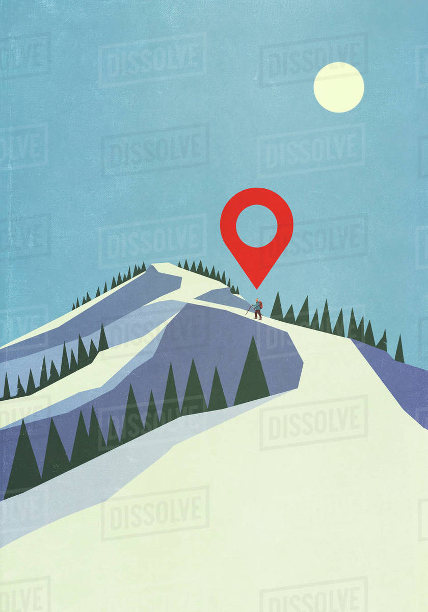 Map pin icon above person mountaineering on snowy mountain Royalty-free stock photo